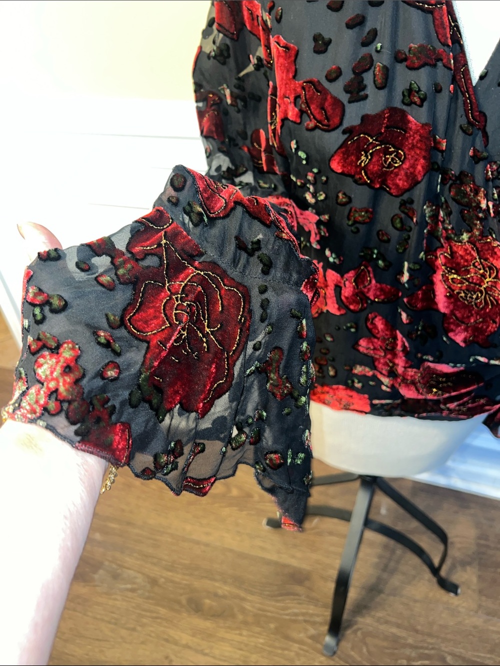 Dress Barn Black Blouse with Red Velvet Floral Burnout - Picture 3 of 6